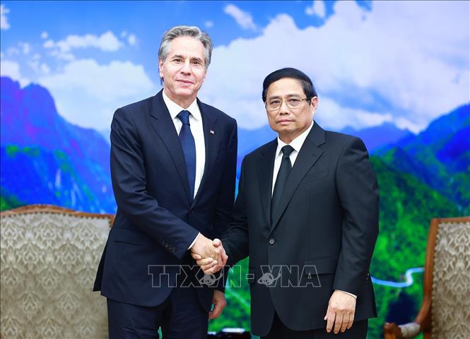Thủ tướng Phạm Minh Chính tiếp Bộ trưởng Ngoại giao Hoa Kỳ Antony Blinken. Ảnh: Dương Giang-TTXVN
